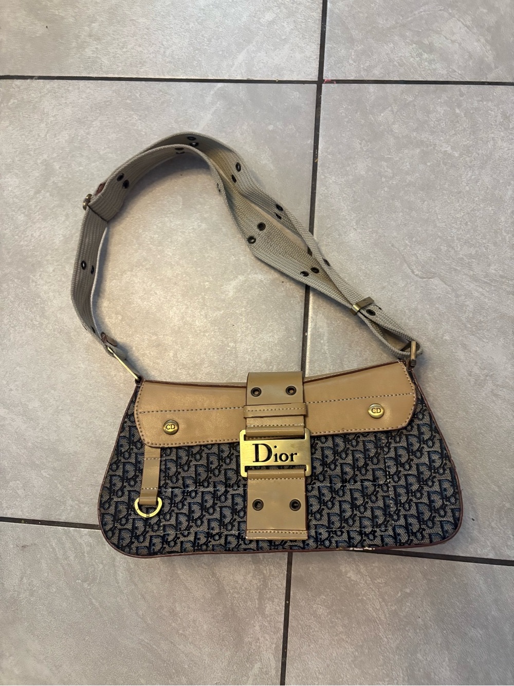 Dior Navy Monogram Canvas Shoulder Bag with Tan Trim